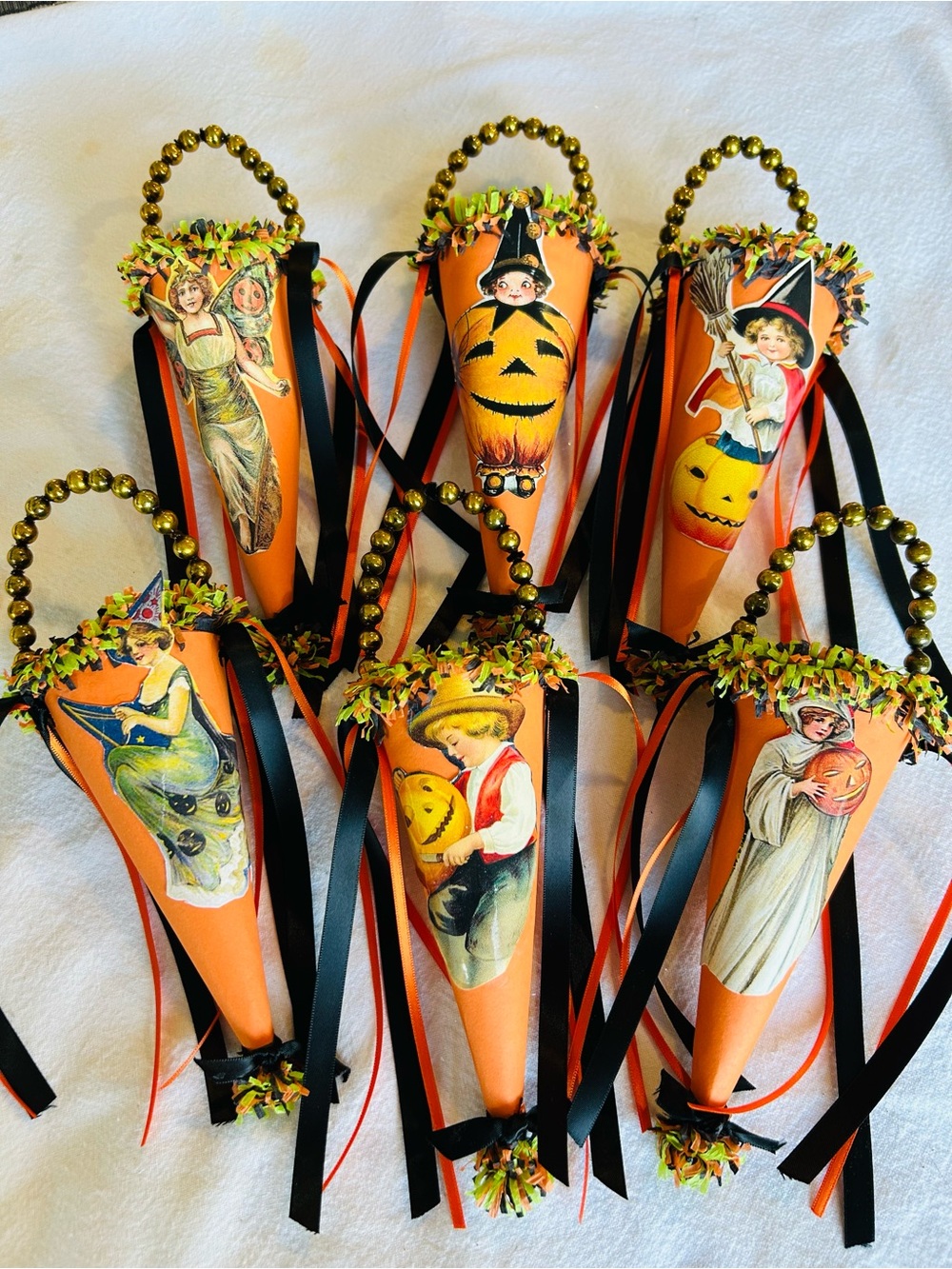 Resv Bugsy 6 Vintage repurposed holiday Halloween Candy Cone Ornaments